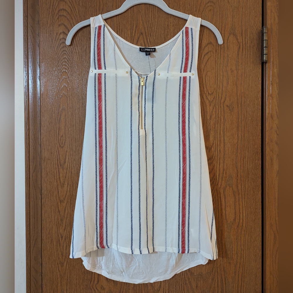 Express Mixed Media High-Low Tunic Tank- Cream, Blue and Red, Size S